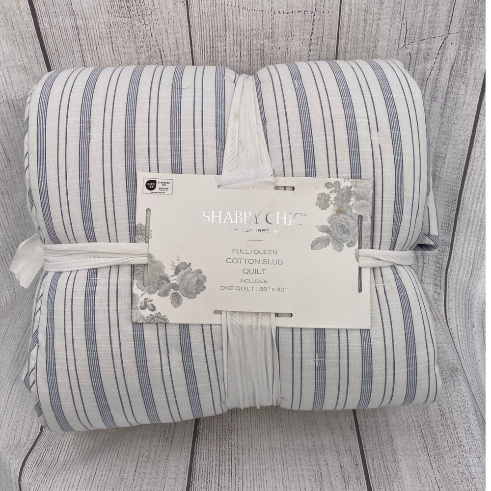 Shabby Chic Quilt Full/Queen Blue White Cotton Slub Ticking Stripe Farmhouse